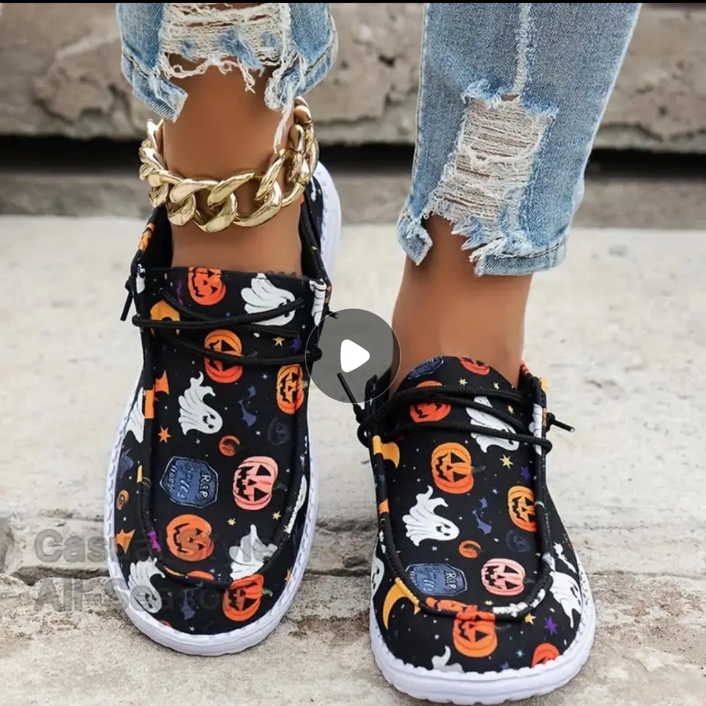 #515Women's Halloween Pumpkin Lightweight Canvas Slip on Shoes. Size: 7.5 - Picture 1 of 5